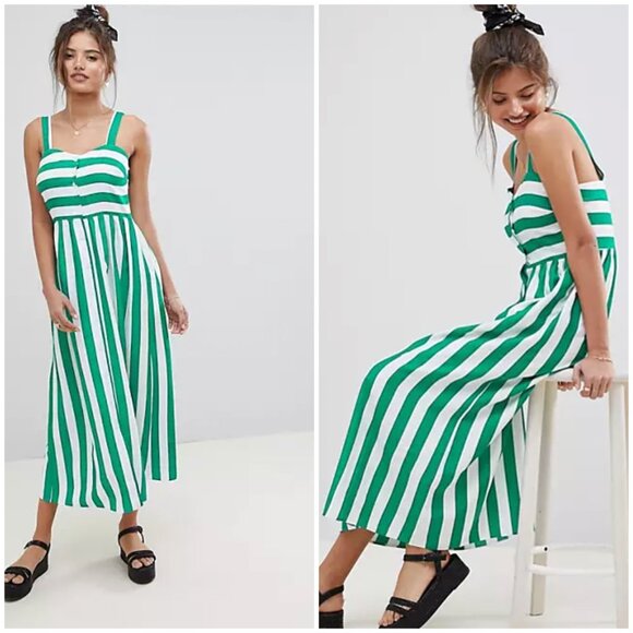 New ASOS DESIGN US 0 UK 4 Green White Linen Blend Button Through Maxi Dress‎ - Picture 1 of 9